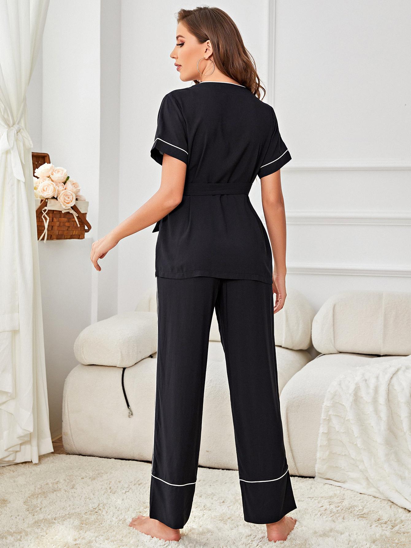 Contrast Piping Belted Top and Pants Pajama Set - TJ Outlet