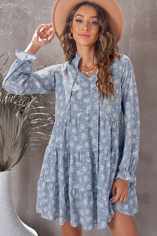 Floral Tie-Neck Flounce Sleeve Tiered Babydoll Dress - TJ Outlet