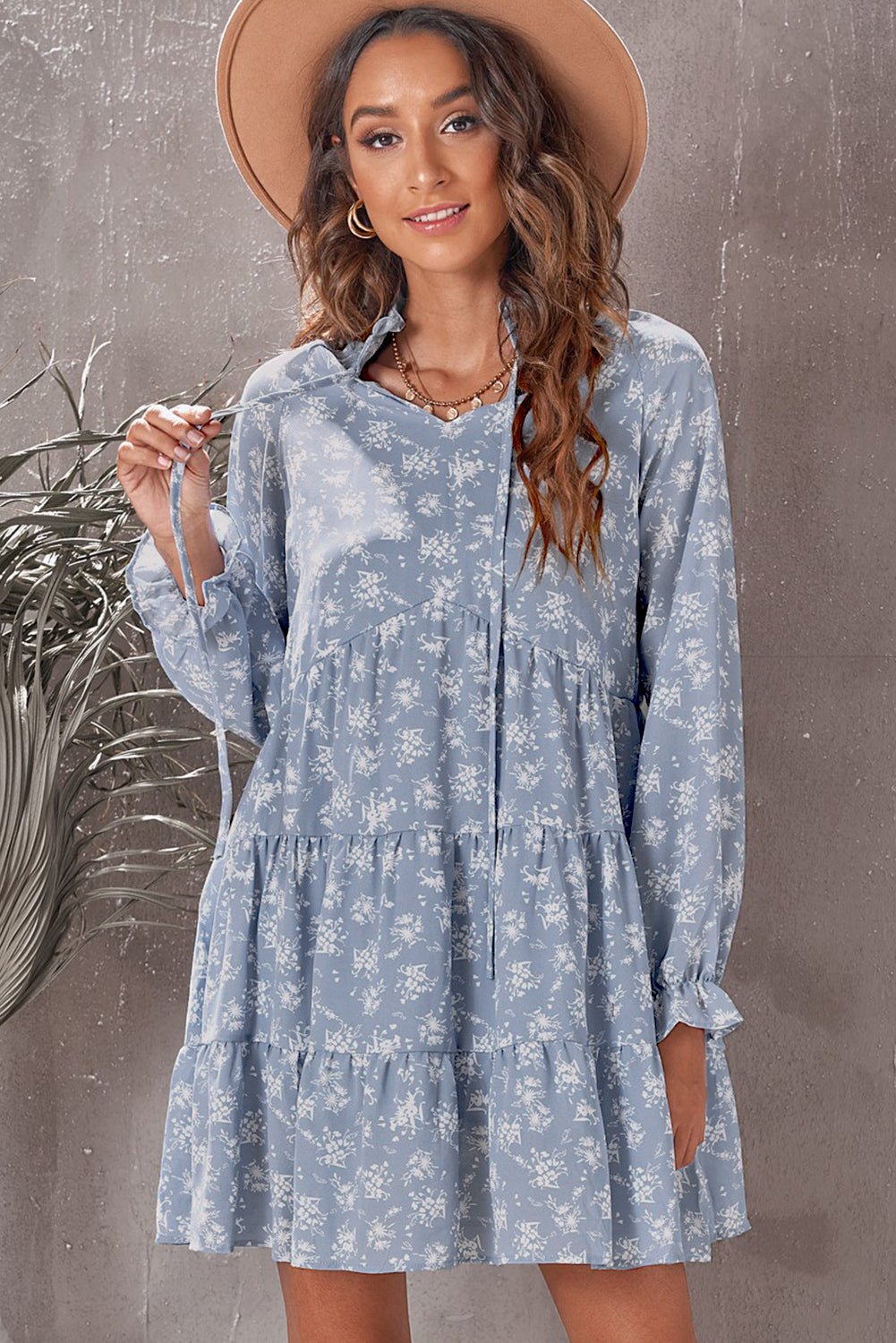 Floral Tie-Neck Flounce Sleeve Tiered Babydoll Dress - TJ Outlet