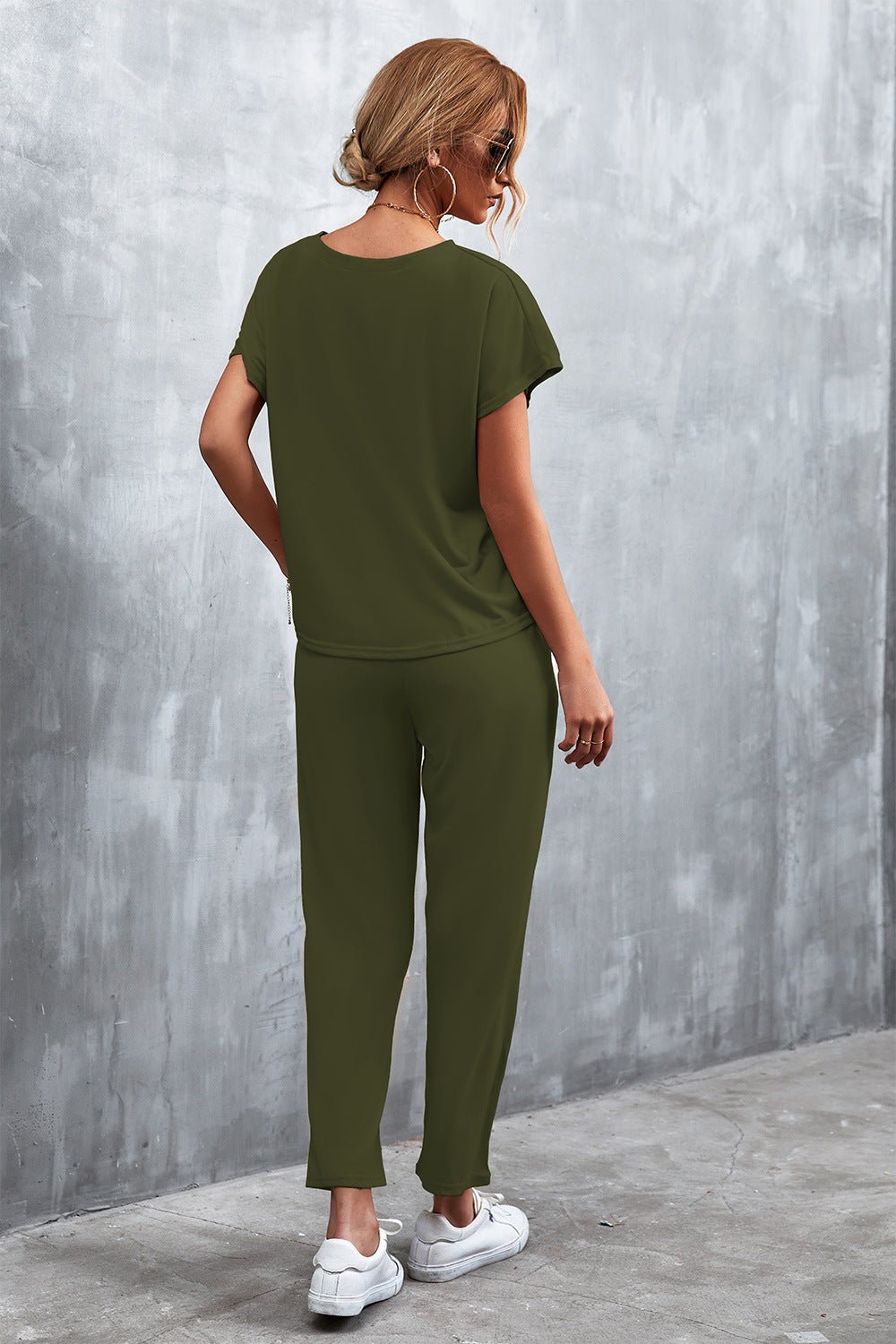 Full Size Round Neck Top and Drawstring Waist Pants Set - TJ Outlet