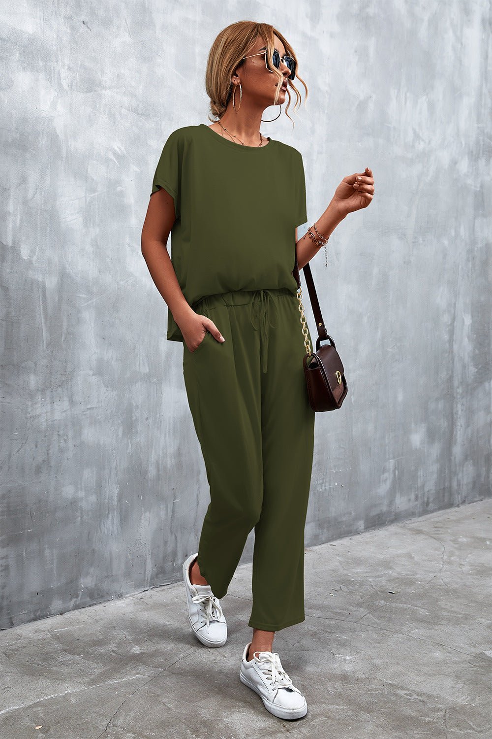 Full Size Round Neck Top and Drawstring Waist Pants Set - TJ Outlet
