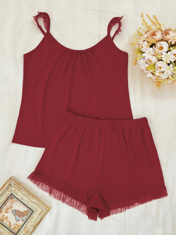 Gathered Detail Spliced Mesh Sleeveless Top and Shorts Lounge Set - TJ Outlet